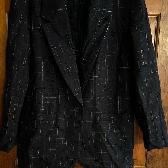 Kathy Davis Medium Navy Blue Yellow Green One Button Wool Blend Blazer - Picture 3 of 4